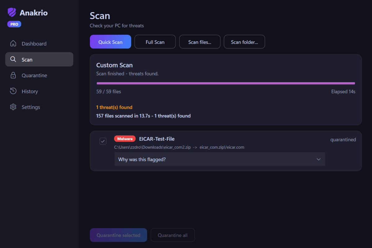 A detection in Anakrio expanded to show the reasons it was flagged