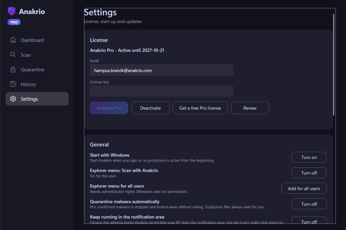 The Anakrio settings page with license, general options, exclusions and updates